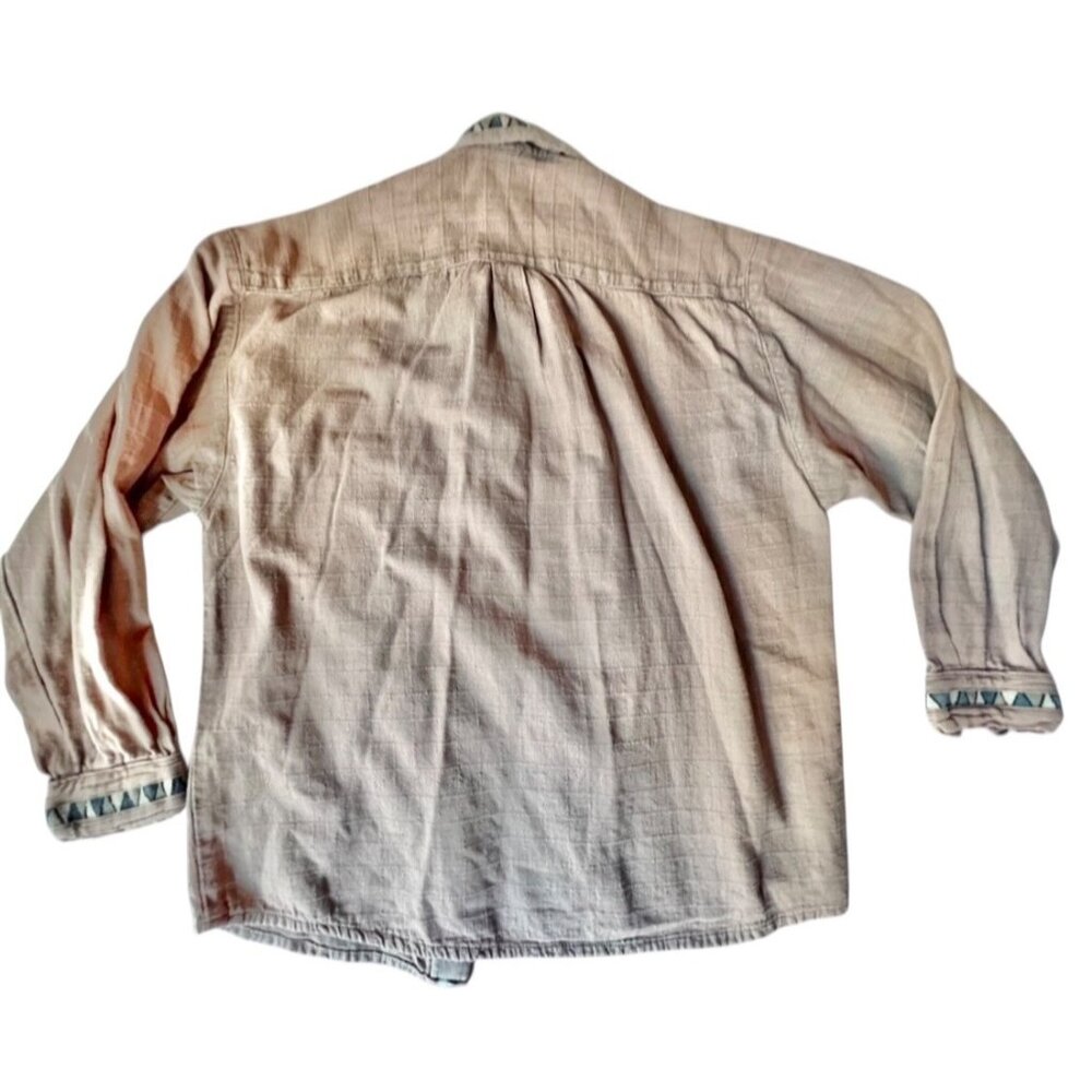 Guatemalan Mens M Shirt Dark Beige Handmade w/ Hand-Woven Accents Button Front - Picture 2 of 6